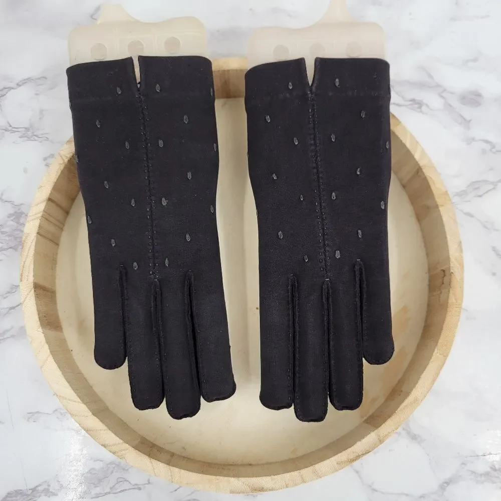 1950s Hand Made Hand Stitched Elegant Black Gloves with Subtle Dot Pattern
